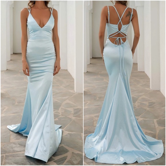 Dresses & Skirts - Luxe Baby Blue Satin Sexy Evening Prom Wedding Formal Prom Dress